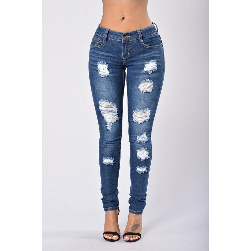 Jeans Woman Casual Mid Waist Skinny Hole Ripped Jeans for Women Fashion Denim Blue Pants Streetwear Plus Size jeans mujer D35