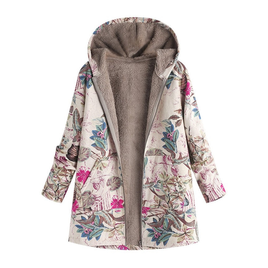 Women's Windbreaker Leather Jacket Plush Coat Winter Warm Outwear Floral Print Hooded Pockets Vintage Coats Befree Vadim