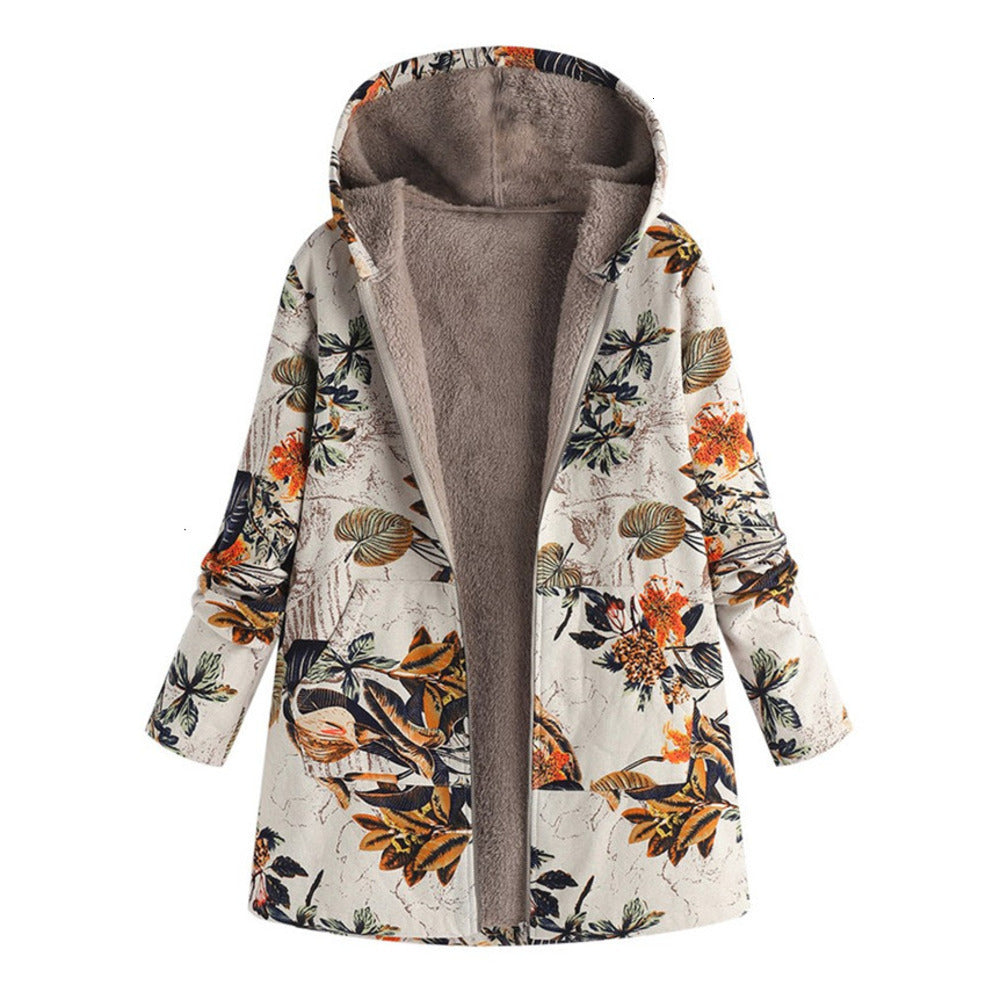 Women's Winter Jacket Women Female Windbreaker Leather Jacket Plush Coat Warm Outwear Floral Print Hooded Pockets Vintage Coats