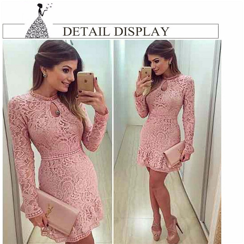 New Arrive Vestidos Women Fashion Casual Lace Dress 2019 O-Neck Sleeve Pink Evening Party Dresses Vestido de festa Brasil Trend