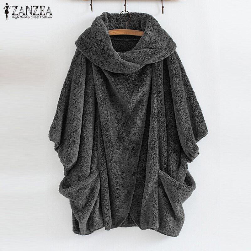 ZANZEA Women Fluffy Coat Oversized Long Sleeve Jackets Female Button Outwear Winter Warm Poncho Solid Autumn Top Lady Jumpers